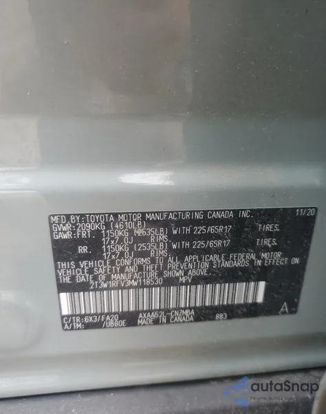 2021 Toyota Rav4 Xle from USA, damaged, VIN 2T3W1RFV3MW118530